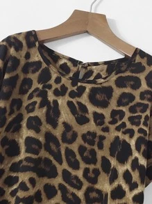 SHEIN LUNE Plus Leopard Print Rolled Dolman Sleeve Top - Multicolor - View 4