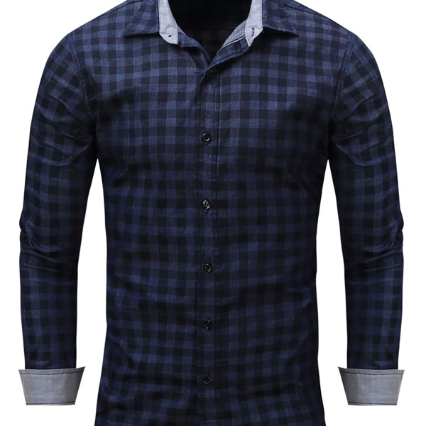 

Men Gingham Button Up Denim Shirt, Navy blue