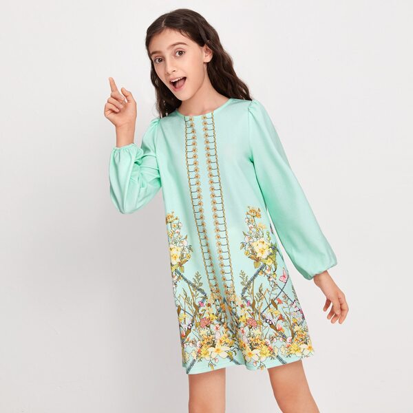 

Girls Floral Print Keyhole Back Dress, Green