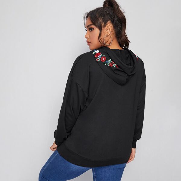 

Plus Floral Embroidered Kangaroo Pocket Hoodie, Black