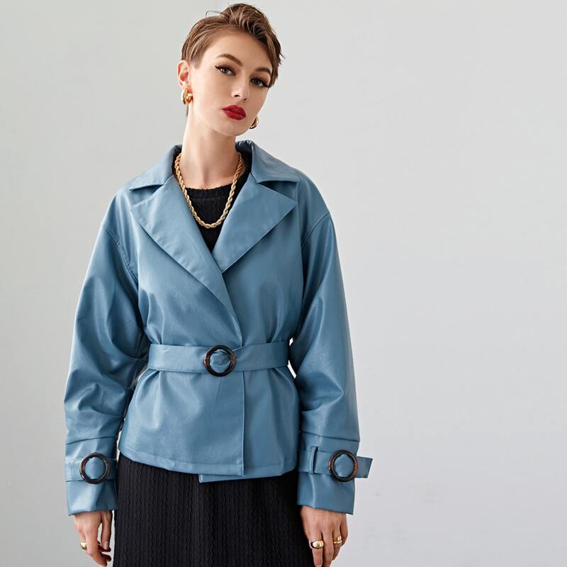 

Drop Shoulder Buckle Belted PU Leather Blazer, Dusty blue