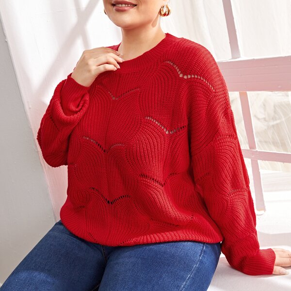 

Plus Drop Shoulder Pointelle Knit Sweater, Red