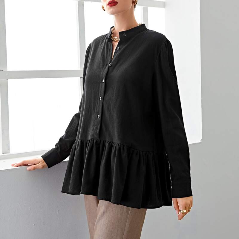 

Button Front Ruffle Hem Top, Black