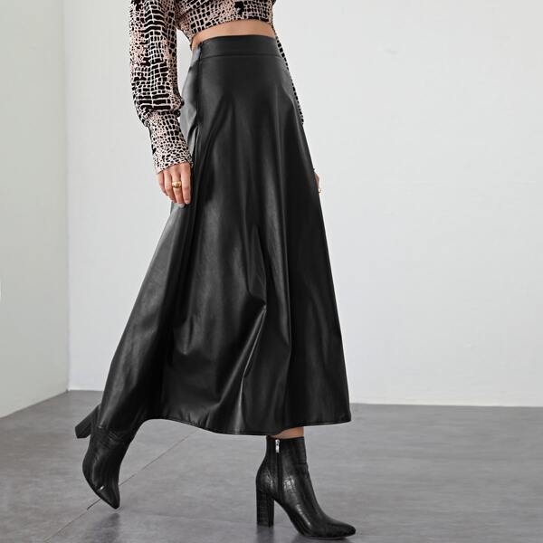 

Zip Side PU Leather Maxi Skirt, Black