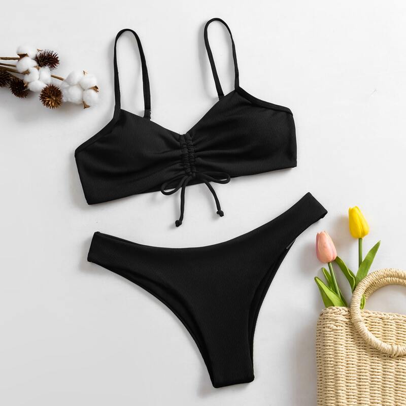 

Rib Drawstring Knot Hem Bikini Swimsuit, Black