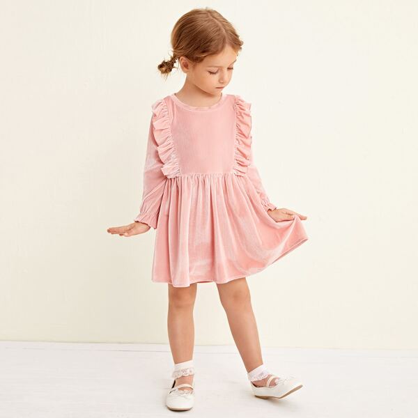 

Toddler Girls Velvet Ruffle Trim Smock Dress, Baby pink