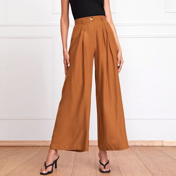 

Zip Fly Plicated Wide Leg Pants, Brown