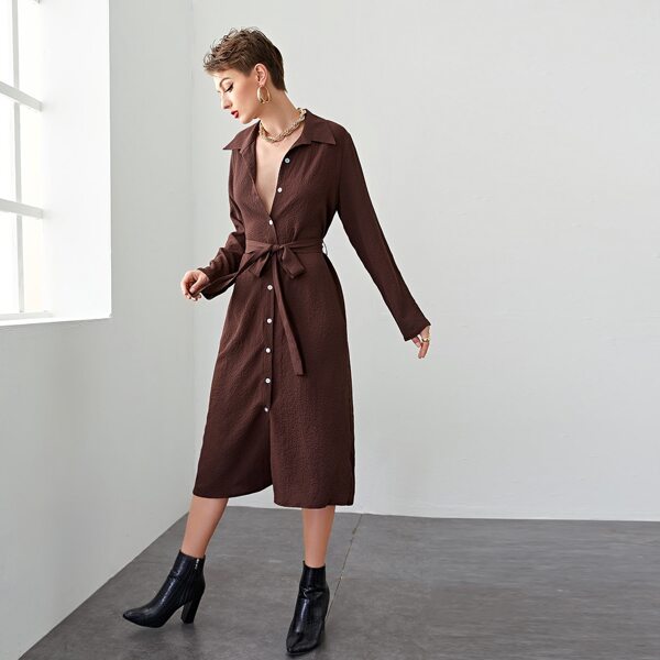 

Button Front Self Belted Dress, Chocolate brown