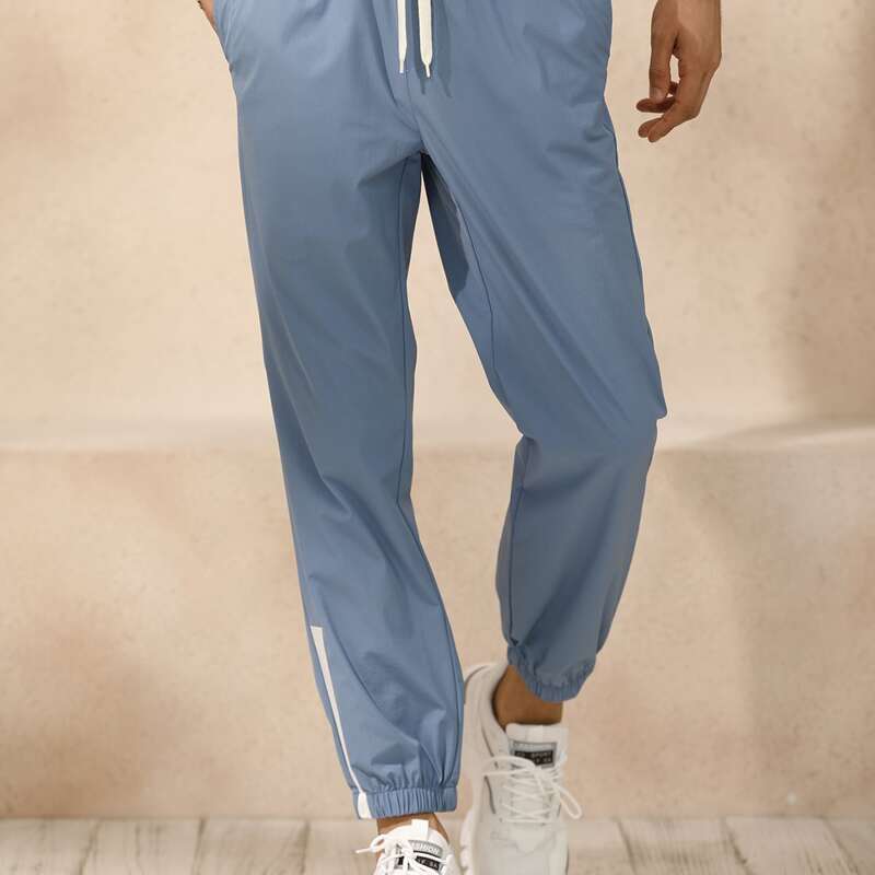 

Men Contrast Panel Drawstring Sweatpants, Dusty blue