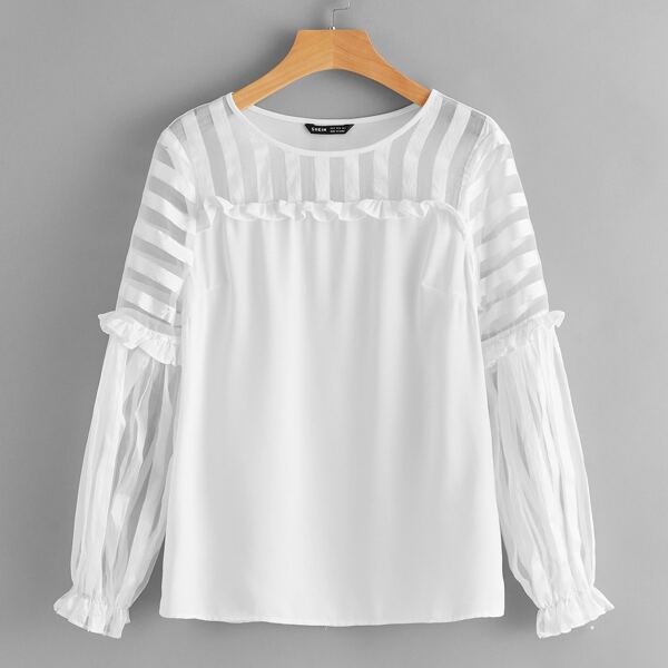 

Ruffle Trim Lantern Sleeve Organza Yoke Top, White