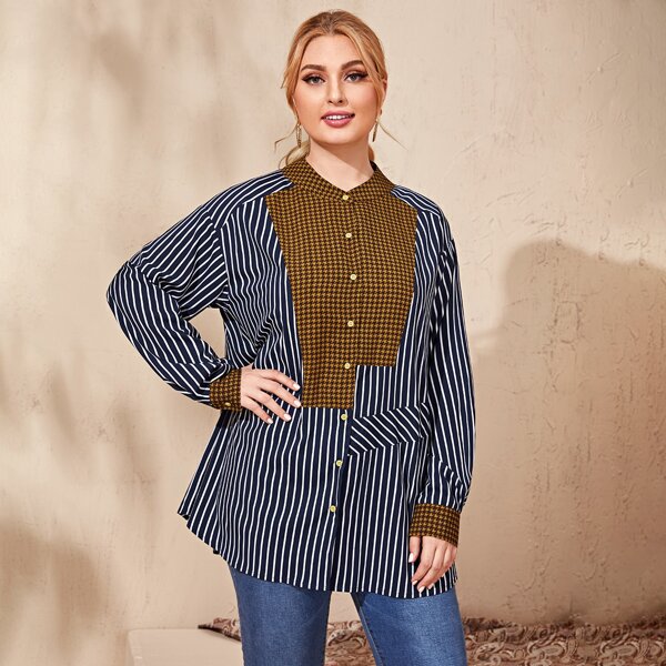 

Plus Stripe Contrast Houndstooth Blouse, Multicolor
