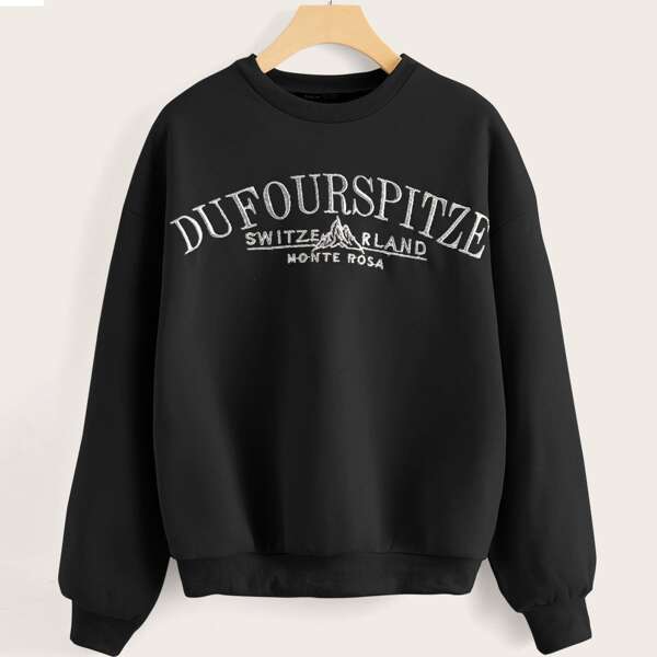 

Drop Shoulder Embroidered Letter Pullover, Black
