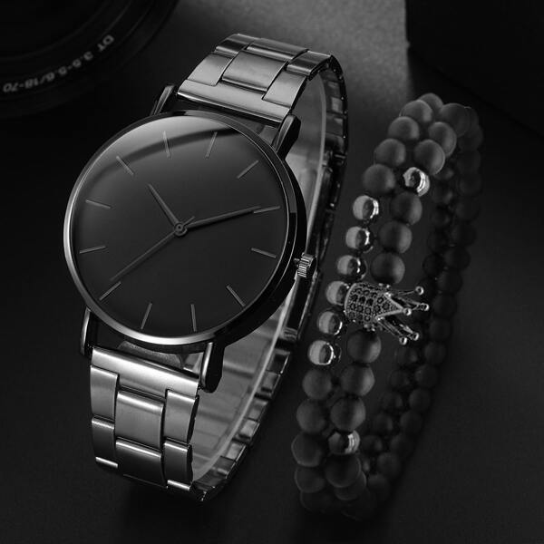 

1pc Men Round Quartz Watch & 2pcs Bracelet