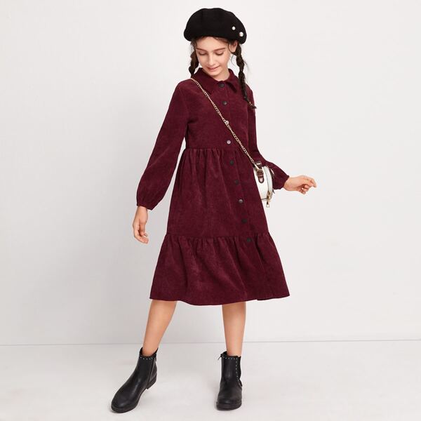 

Girls Lantern Sleeve Flounce Hem Cord Shirt Dress, Maroon