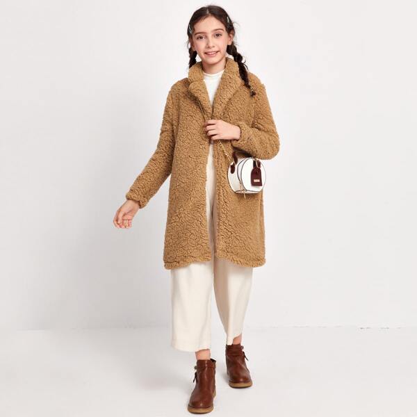 

Girls Open Front Teddy Coat, Camel