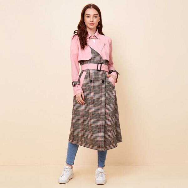 

Notch Collar Plaid Panel Buckle Belted Trench Coat, Multicolor