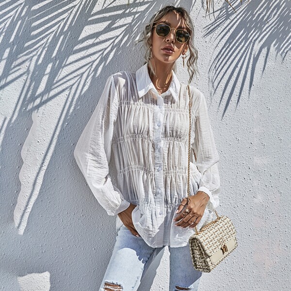 

Solid Ruched Ruffle Hem Blouse, White