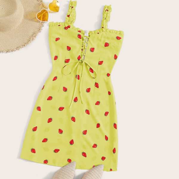 

Plus Strawberry Frill Trim Lace Up Cami Dress, Yellow