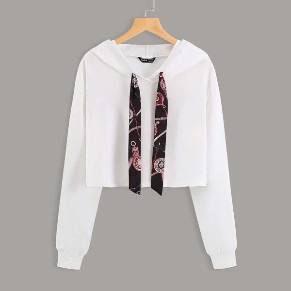 

Chain Print Drawstring Crop Hooded Sweatshirt, White