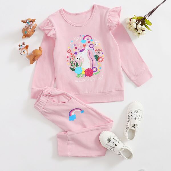

Toddler Girls Cartoon Unicorn Graphic Ruffle Sweatshirt & Sweatpants, Baby pink