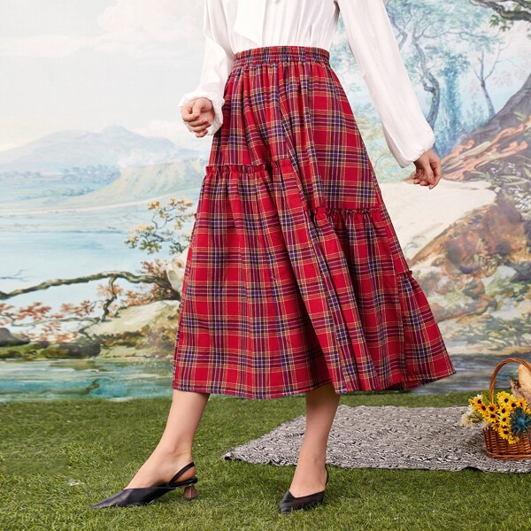 

Tartan Plaid Frill Trim Midi Skirt, Burgundy