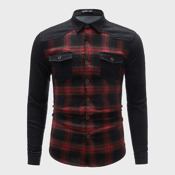 

Men Flap Pocket Front Plaid Denim Shirt, Multicolor