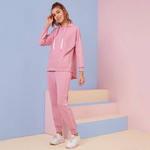 

Solid Drawstring Zip Detail High Low Hoodie & Sweatpants, Pink pastel