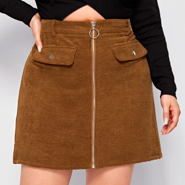 

Plus Zip Up Front Flap Detail Cord Skirt, Brown