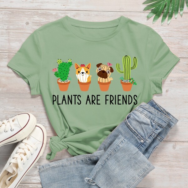 

Plants & Slogan Graphic Tee, Mint green