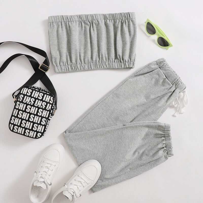 

Solid Tube Top & Pants, Light grey