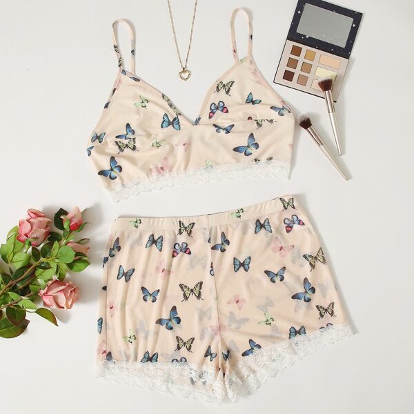 

Plus Butterfly Print Mesh Lingerie Set, Apricot