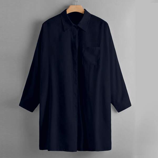 

Plus Pocket Patched Button Front Shirt Dress, Navy blue