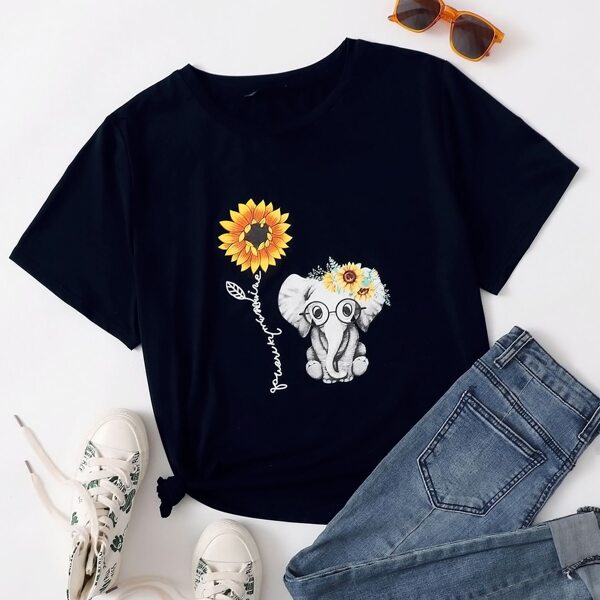 

Plus Sunflower And Cartoon Graphic Tee, Navy blue
