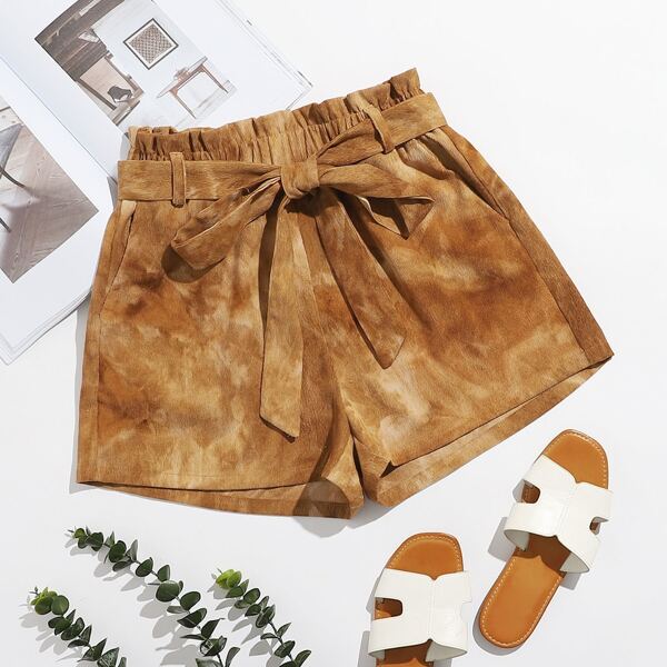 

Paperbag Waist Tie Dye Self Belted Cord Shorts, Brown