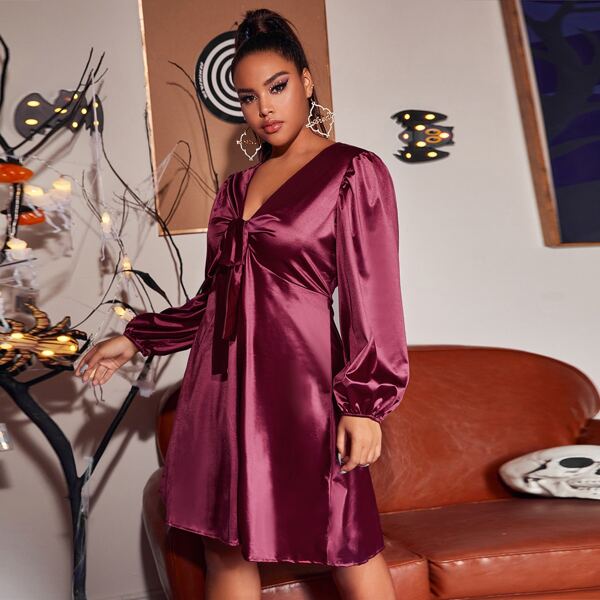 

Plus Knot Front Puff Sleeve Satin Dress, Maroon