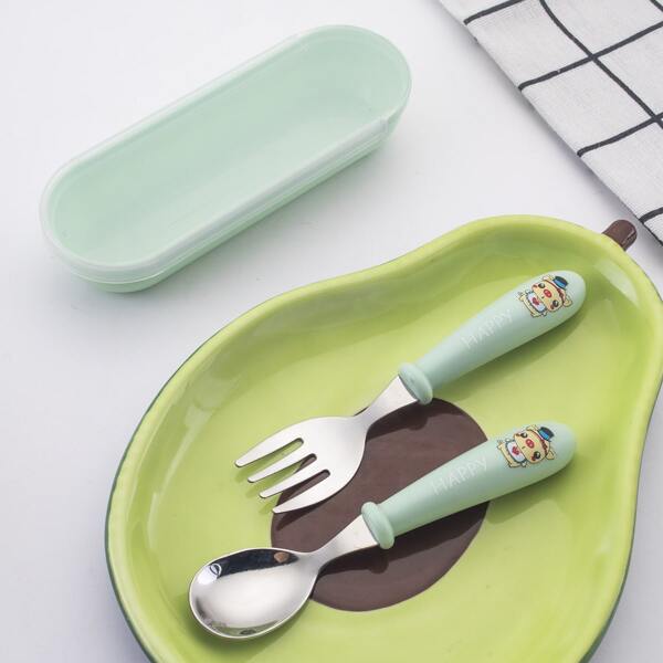 

1pc Kids Cartoon Fork & 1pc Spoon & 1pc Storage Box, Green