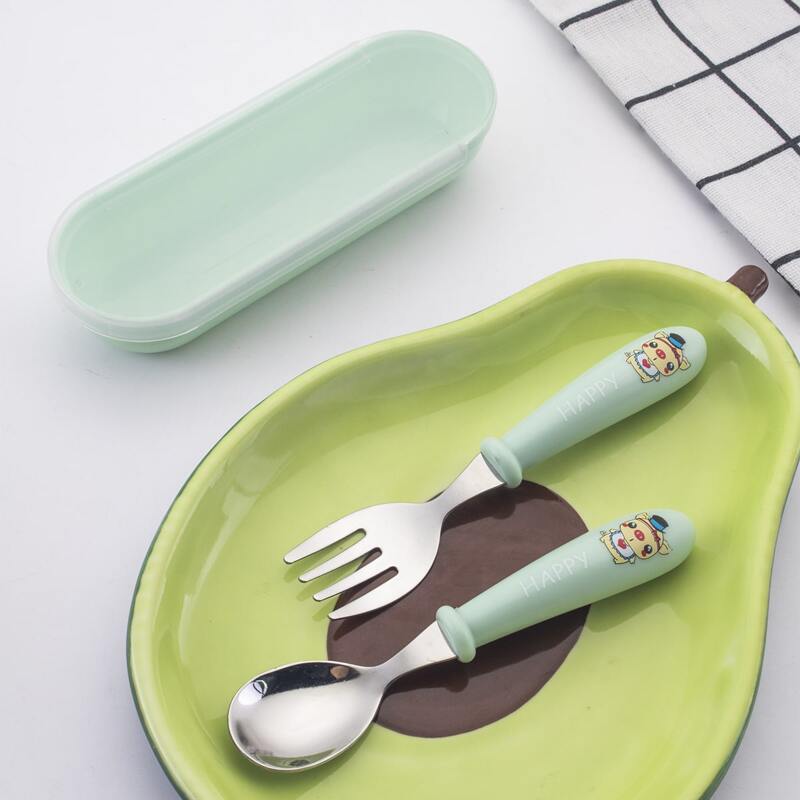 

1pc Kids Cartoon Fork & 1pc Spoon & 1pc Storage Box, Green