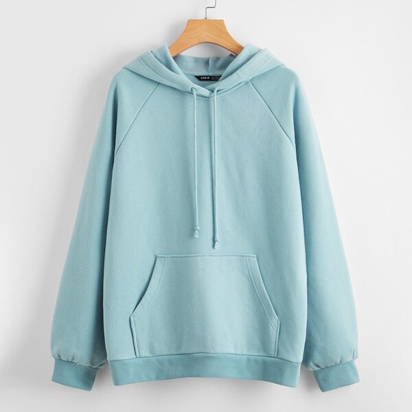 

Drawstring Detail Pouch Pocket Raglan Sleeve Hoodie, Pastel mint blue