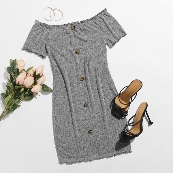

Off Shoulder Lettuce Trim Rib-knit Bodycon Dress, Grey