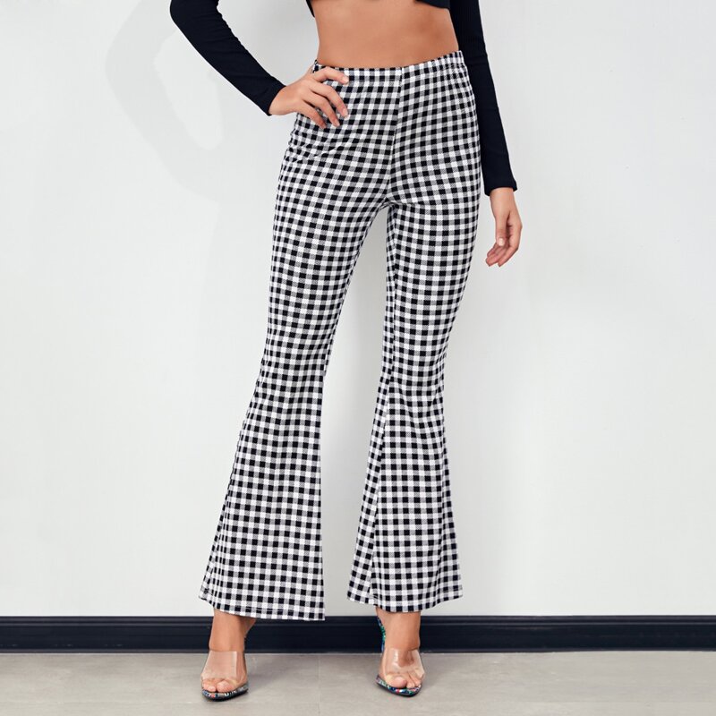 

Gingham Flare Leg Pants, Black and white