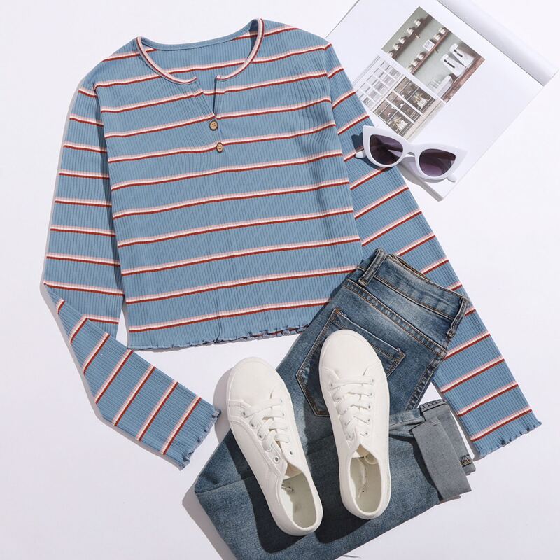 

Notched Neck Striped Tee, Dusty blue