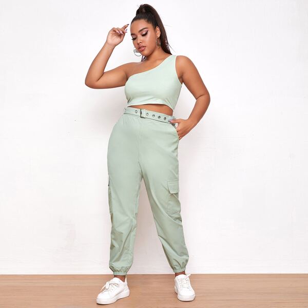 

Plus One Shoulder Crop Top & Buckle Belted Cargo Pants Set, Pastel mint green