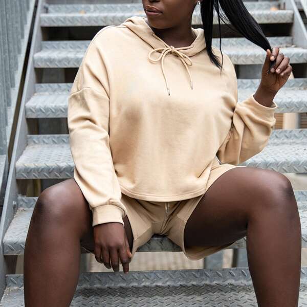 

Plus Drop Shoulder Drawstring Hoodie & Track Shorts Set, Khaki