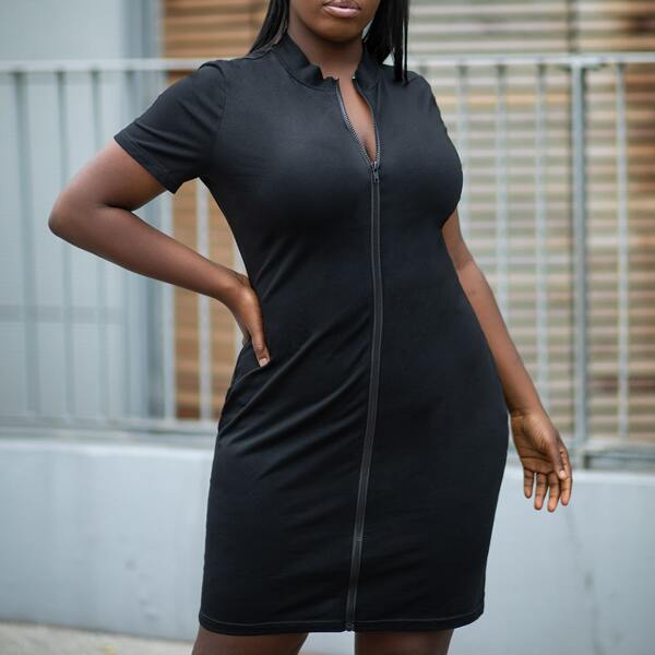 

Plus Zipper Front Solid Dress, Black