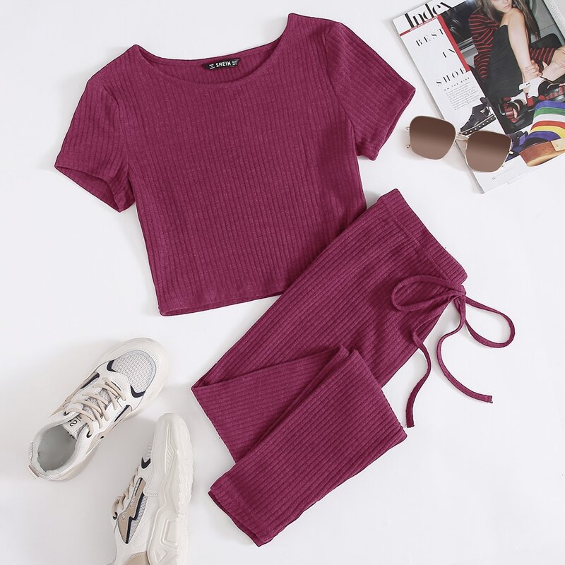 

Rib-knit Tee & Tie Waist Leggings Set, Red violet