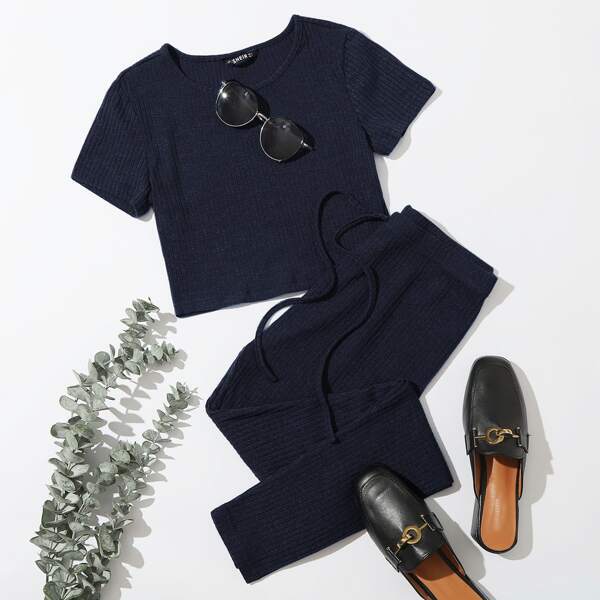 

Rib-knit Tee & Tie Waist Leggings Set, Navy blue