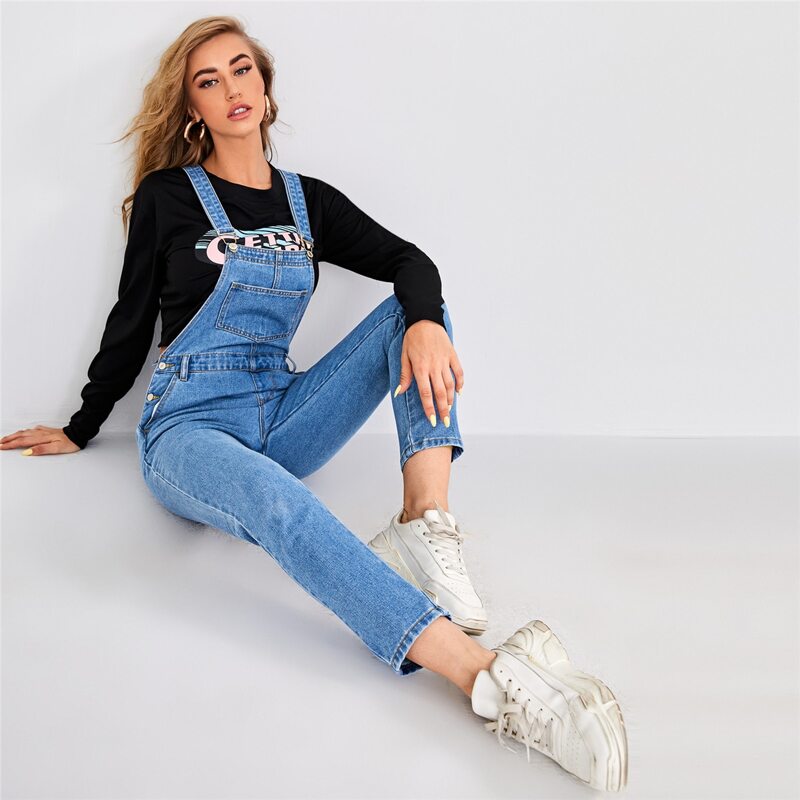 

Button Side Patch Pocket Denim Overalls, Light wash