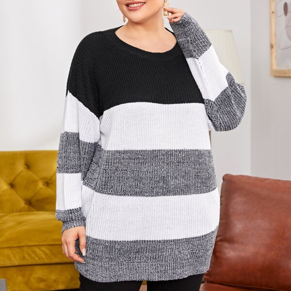 

Plus Drop Shoulder Color-block Ribbed Knit Sweater, Multicolor
