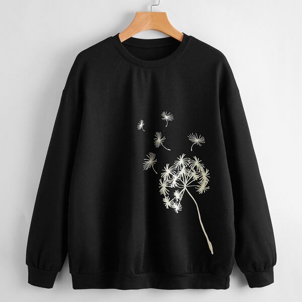 

Dandelion Print Drop Shoulder Sweatshirt, Black