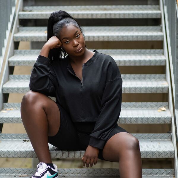 

Plus Drop Shoulder Zipper Front Sweatshirt & Biker Shorts Set, Black